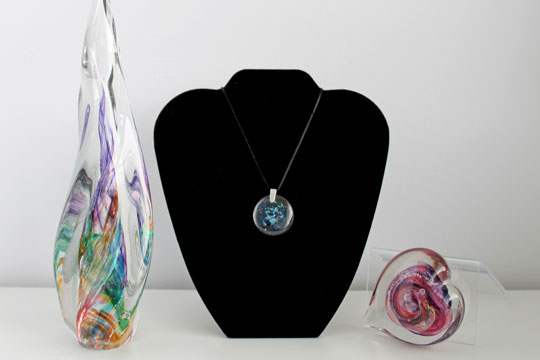 Art Glass eternal flame, round necklace, and heart