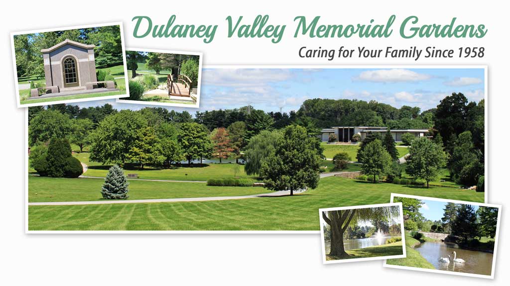 Dulaney Valley Memorial Gardens collage of landscape, mausoleum, bridge, lake, and swans.